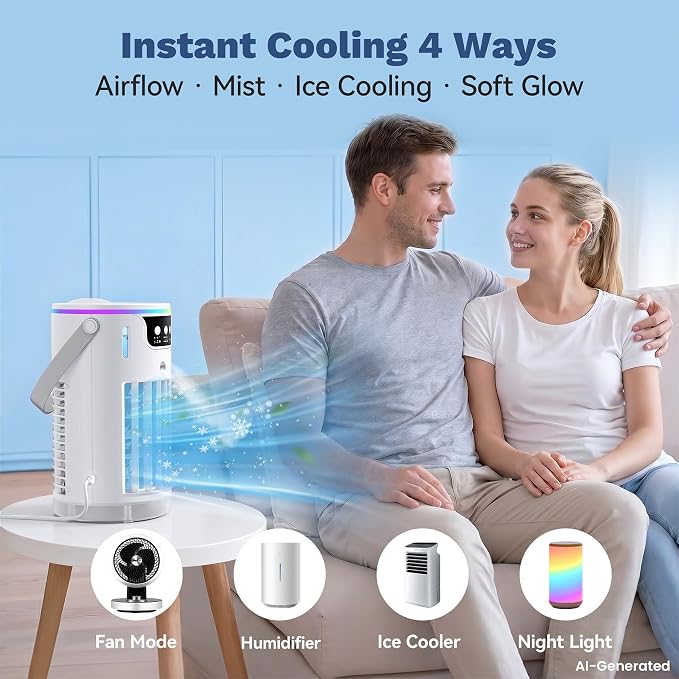 Portable Air Conditioners, Personal Evaporative Air Cooler 1200ML with Ice Cooling Mist Fans That Blow Cold Air Like AC Mini AC Unit for Bedroom, Home Office Desk and Car RV (White) - Image 2
