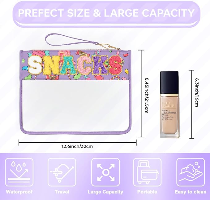 Siwara Snack Bags Clear Pouch Travel Makeup Bag Chenille Letter Bags for Zipper Pouch Clear Cosmetic Bag Clearly Tote Bag Makeup Travel Bags for Women - Image 2