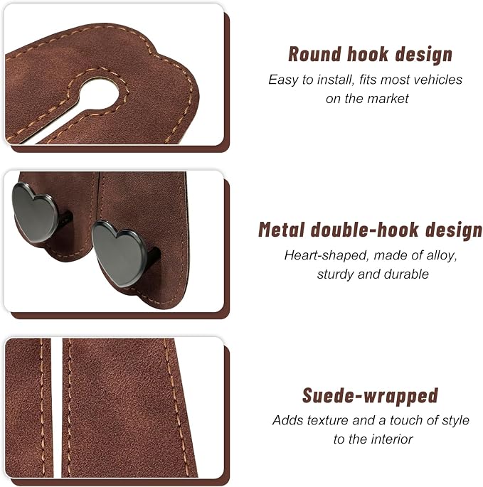 2 PCS Car Seat Headrest Hook, Cute Heart Shape Auto Seat Back Storage Hanger, Suede Double Headrest Purse Hooks Storage Organizer for Most Vehicles, Car Accessories (Brown) - Image 3
