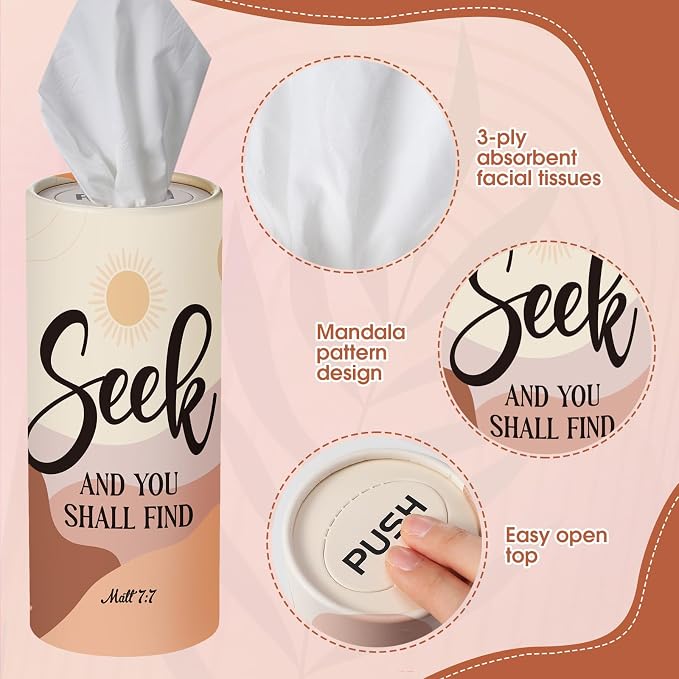 Outus 12 Pack Christian Car Tissues Cylinder Holder with Facial Tissue Bulk Round Bible Verses Napkins Container for Car Home Travel Prayer Church Gifts, 6 Designs - Image 2