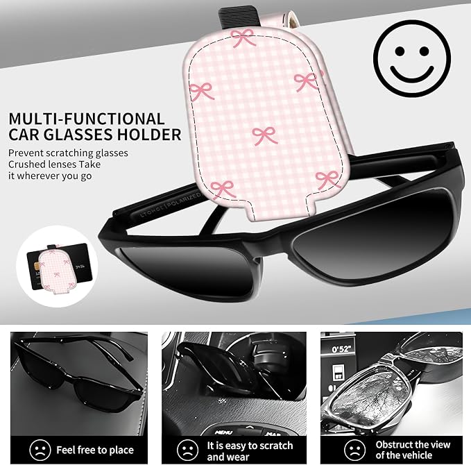 Leather Magnetic Sunglass Holder for Car Sun Visor, Cute Eyeglass Ticket Card Hanger Clip, Universal Auto Interior Accessories for SUV Pickup Truck, Pink Gingham Bow - Image 2