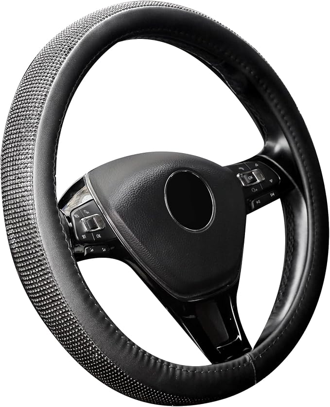 New Diamond Leather Steering Wheel Cover with Bling Crystal Rhinestones | Universal Fit 15 Inch Car Wheel Protector for Women Girls Black Diamond by ChuLian