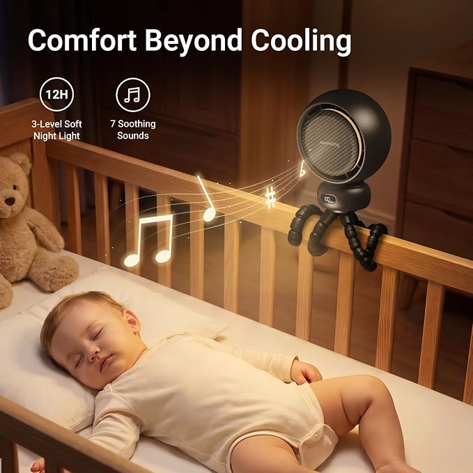 MAMAZING Portable Stroller Fan for Cooling, 70° Auto Oscillation, 5000mAh | 5 Speeds with Natural Wind Mode, USB-C Rechargeable, LED Display, 7 Soothing Songs & Night Light for Car, Crib, Outdoor Use - Image 7