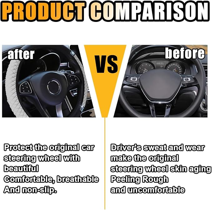 JOYCOURT 15 Inch Bling Soft Leather Car Steering Wheel Cover, White | Colorful Rhinestones Design, Auto Elastic Protector for Women Girls, Crystal Diamond Car Accessories for Most Cars, SUVs - Image 3