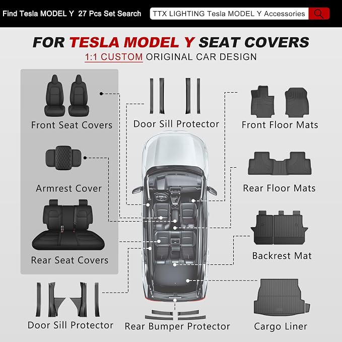 TTX LIGHTING Custom Fit Seat Covers for Tesla Model Y 2020-2026 | Preserve Premium Interior with Original Seat Pattern Perforated Waterproof Faux Leather Full Set Airbag Compatible - Image 9