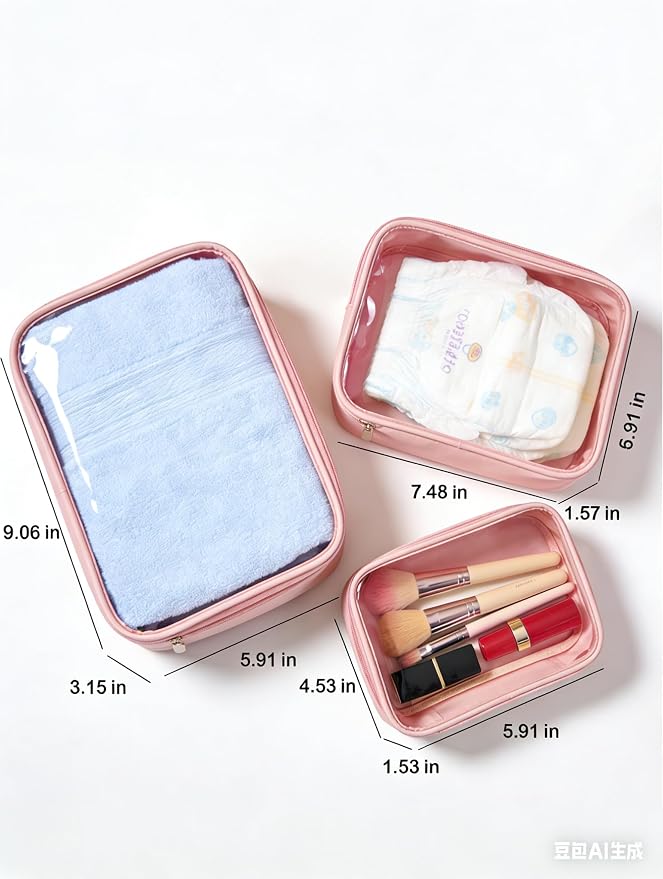 Travel Clear Makeup Bag Set for Women, 3 Pack Travel Size Toiletry Bag with Zipper Small Makeup Pouch for Purse Waterproof Portable Cosmetic Case Compact Car Organizer Storage Bag (Pink Set) - Image 5