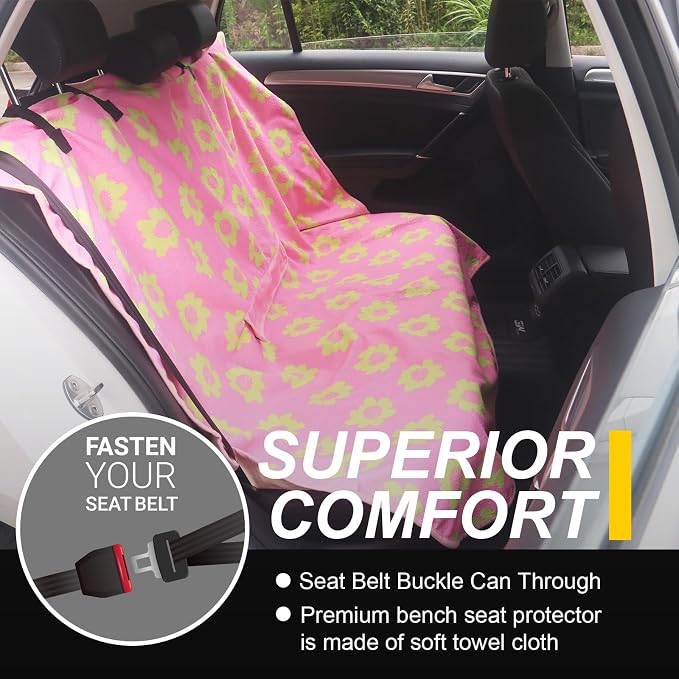 Back Seat Cover for Car Trucks Van SUV Jeep,Waterproof Rear Bench Towel Seat Covers for Dogs and Kids,Automotive Backseat Protector (Flower and Pink) - Image 2