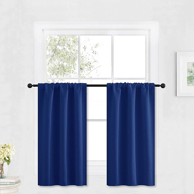 RYB HOME Kitchen Blackout Window Curtains Over Sink 36 inch Length | Summer Light UV Blocking, Energy Efficient, Cabinet Shelf Cupboard Blinds Window Coverings, W29 x L36, Marine Blue, 2 Panels by RYBHOME