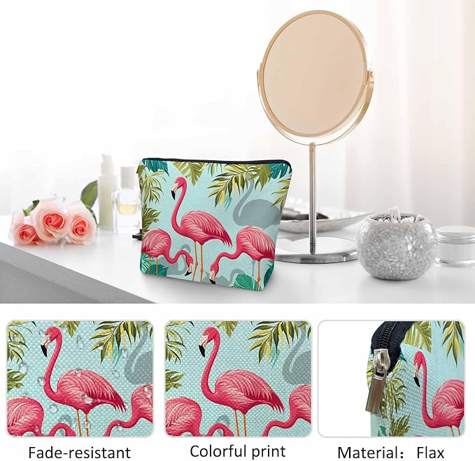 Women Makeup Organizer Bag Flamingo Exotic Flamingo Tropical Palms Flax Cosmetic Bag Makeup Bags Toiletry Bag Accessories Organizer Travel Bags For Home Bathroom Office Hotel Gym Pink Green - Image 5