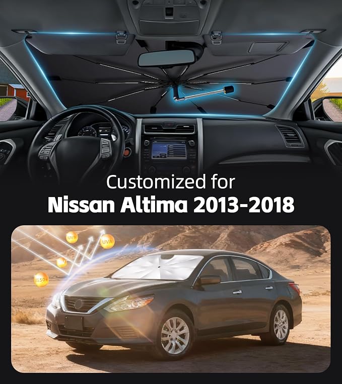 Windshield Sun Shade for Nissan Altima 2013-2018 with 360° Rotating Shaft | Custom Fit Umbrella Sunshade for UV Blocking, Interior Heat Protection, Easy Storage, UPF 50+ Cool Windshield Cover - Image 2