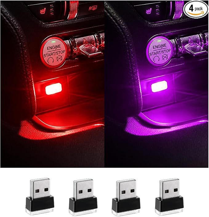 Augeny 4 PCS USB LED Car Interior Atmosphere Lamp, Plug-in USB Decor Night Light, Portable Auto Ambient Lighting Kit, Universal Vehicle Interior Accessories for Most Cars (2 Red+2 Purple) by Augeny
