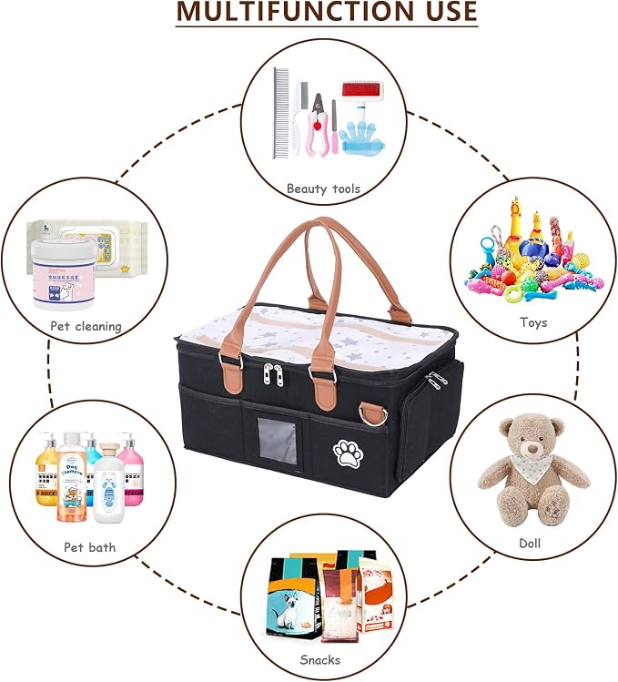 Felt Dog Grooming Bag,Portable Tote Bag for Dogs Cats,Dog Storage Organizer for Grooming Tool Kit,3 Compartments Pet Stuff Oganizers with 8 Pockets-Black - Image 6