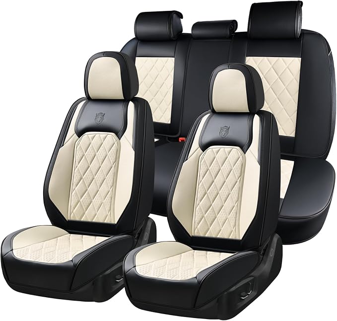 Coverado Car Seat Covers Full Set, Luxury Faux Leather Waterproof Seat Cover, Black and White Car Seat Covers, Car Seat Protector, Automotive Seat Covers Universal Fit for Most Cars, Black&White by COVERADOAUTO