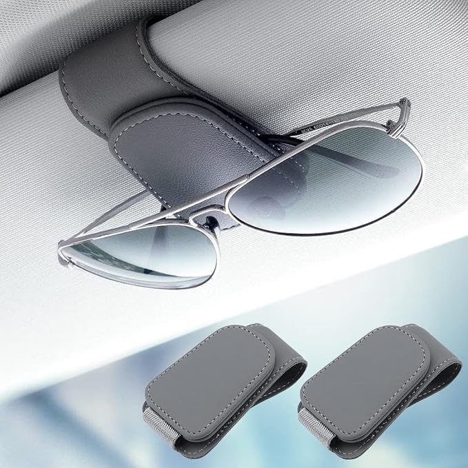 2 Packs Sunglass Holder for Car Sun Visor, Magnetic Eyeglass Hanger Clip for Car Visor, Leather Car Glasses Mount, Car Interior Visor Accessories (Grey-2Pcs) by SAMGCHI