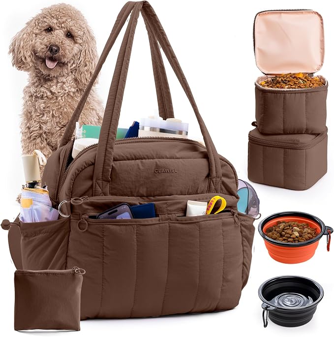 Dog Travel Bag for Supplies, Airline Approved Pet Travel Organizer with 2 Food Containers & Collapsible Bowls, Large Capacity Dogs Tote Bag for Weekend, Stylish Dog Mom Gift for Pet Lovers by CLAWIST