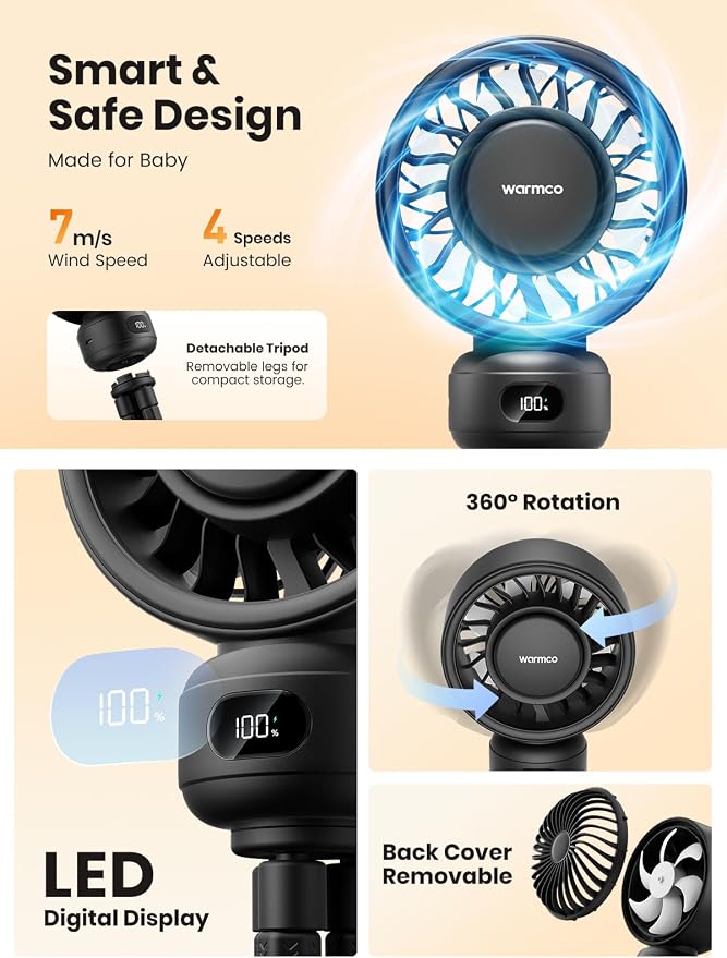 Warmco Portable Stroller Fan, 4000mAh Rechargeable Clip On Fan | Flexible Tripod, Up to 15H, 4 Speeds, LED Display, Detachable Grille, Quiet Operation, for Car Seat, Crib - Image 5