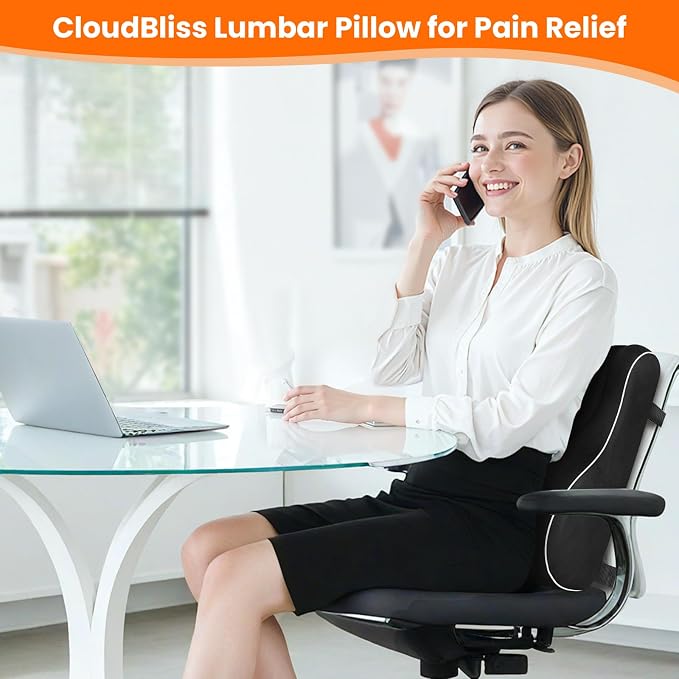 CloudBliss Lumbar Support Pillow, Memory Foam for Office Chair, Black | Ergonomic High-Density Memory Foam, Adjustable Straps, Washable Mesh Cover, Lower Back Support for Office, Gaming & Car Seat - Image 2