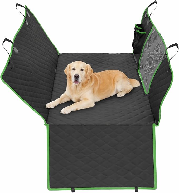 Dog Car Seat Cover for Back Seat, Waterproof, Scratchproof, Nonslip, Dog Hammock for Car, Safety Harness Included, Seat Covers for Pet Dogs, Standard Size (Black/Green) by Platinum+Shield