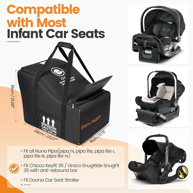 Orzbow Infant Padded Car Seat Bag Fit Carseat and Anti-Rebound Base, Black | Carseat Travel Bag for Airplane Compatible with Nuna Pipa/Graco/Chicco, Side Pocket for Gate Check Baby Essentials - Image 4
