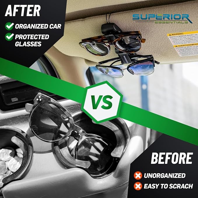 SUPERIOR ESSENTIALS Sunglass Holder for Car Visor Clip - Sun-Glasses Holder and Ticket Card Clips - Car Visor Accessories - Luxury Eyeglass Car Mount (Pack 2) - Image 5