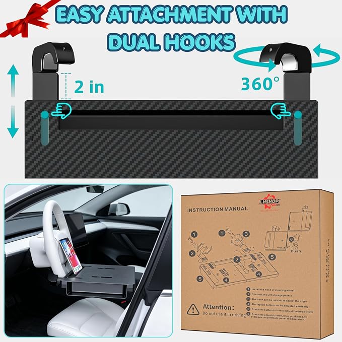 2-in-1 Car Steering Wheel Desk & Seat Gap Organizer Filler Tray | Foldable Adjustable Height Car Desk for Laptop Computer Tablet, Eating - Portable Table for Car Workstation Truck SUV Tesla - Image 9