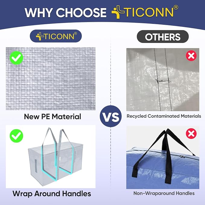 TICONN 2 Pack Extra Large Moving Bags Heavy Duty with Zippers & Carrying Handles, Durable Storage Bags Moving Boxes for Closet Organizers and Storage (2 Pack, Light Grey) - Image 4