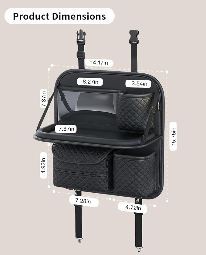 PU Leather Backseat Car Organizer with Foldable Tray & Tablet Holder Black | Luxury diamond stitching,anti-rattle design,universal vehicle compatibility,family road trip essential storage - Image 7