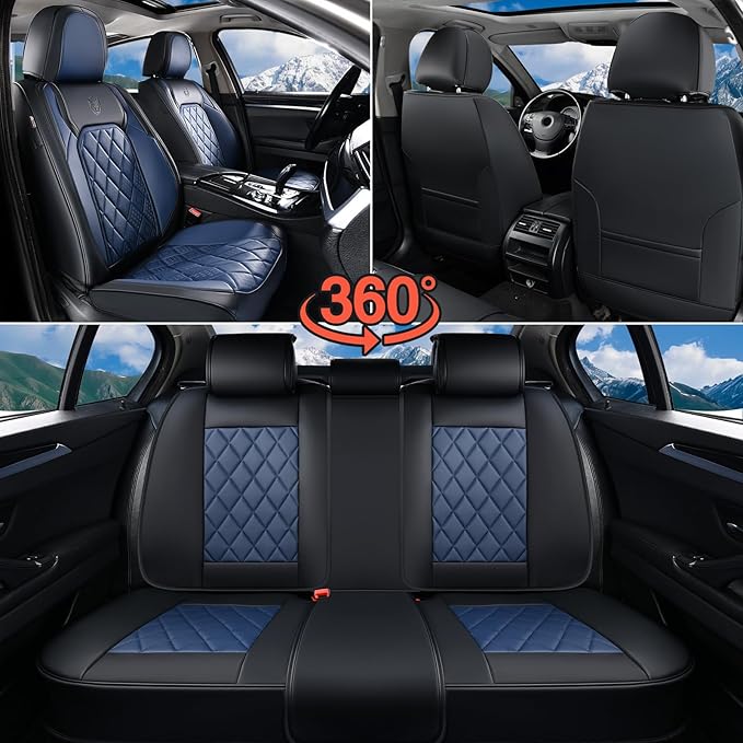 Coverado Car Seat Covers Full Set, Luxury Faux Leather Waterproof Seat Cover, Black and Blue Car Seat Covers, Car Seat Protector, Automotive Seat Covers Universal Fit for Most Cars, Black&Blue - Image 7