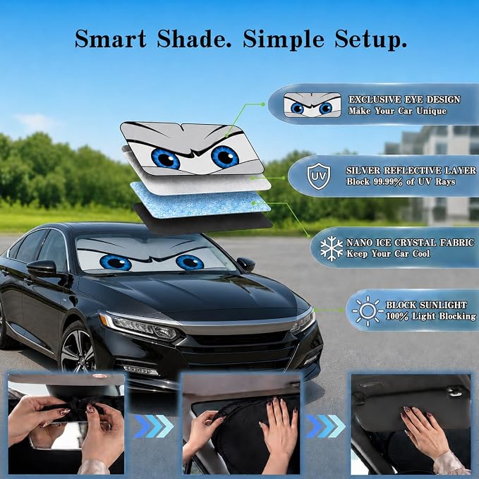 Car Windshield Sun Shade, Universal Fit Midsized Sedan SUV, Cool Gray | 61 x 31.5" Windshield Cover, Foldable Front Window Sunshade, UV Heat Protection, Cute Eyes Series - Image 4