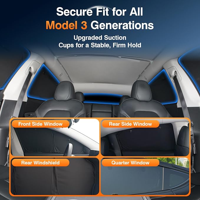 Custom Fit Tesla Model 3/Highland Side Window Sun Shade, Blackout 7PCS Set | Graphene honeycomb heat blocking fabric, blackout privacy, strong suction cups, foldable storage for baby, pets and camping - Image 8