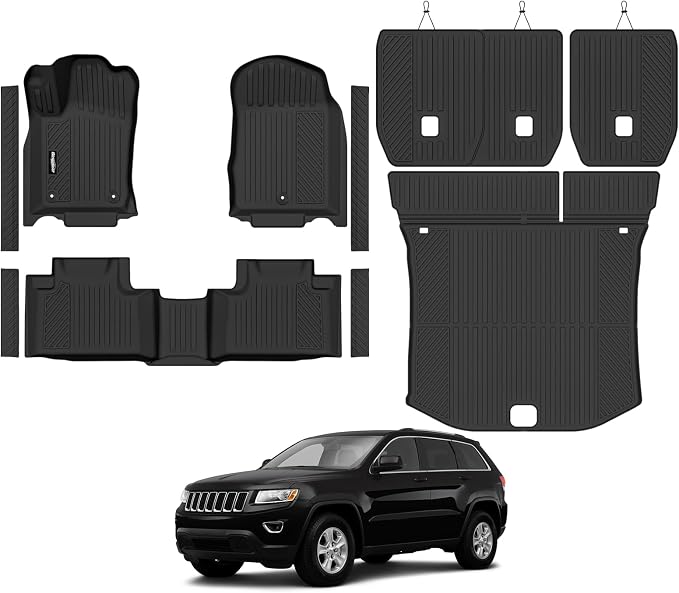 Floor Mats for 2011-2012 Jeep Grand Cherokee Accessories | Trunk Mat and Backrest Mat & Door Sill Guard All Weather TPE Protector Odorless Full Set Interior Floor Liners by Bingoliner
