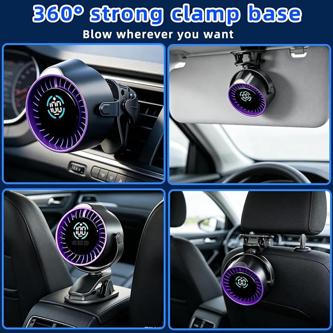 2026 Upgrade Portable Car Fan,Clip‑on/Hang/Stand 3D Circulating Air Car Cooler with LED Display,USB Rechargeable Quiet Vehicle Fan for SUV Truck RV,Ideal Summer Gift for Drivers - Image 3