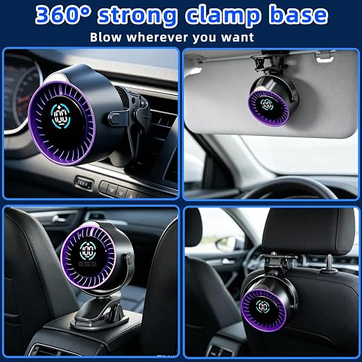 2026 Upgrade Portable Car Fan,Clip‑on/Hang/Stand 3D Circulating Air Car Cooler with LED Display,USB Rechargeable Quiet Vehicle Fan for SUV Truck RV,Ideal Summer Gift for Drivers - Image 3