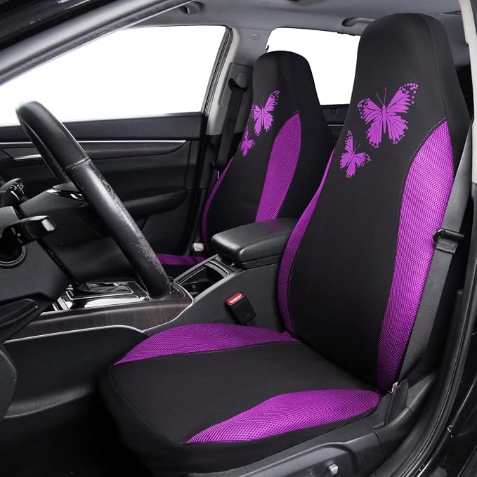 Flying Banner Butterfly car seat Covers ful Set Fashion Universal Lady Woman Female Rear Bench Split Colorized (2 Fronts, Purple) - Image 3