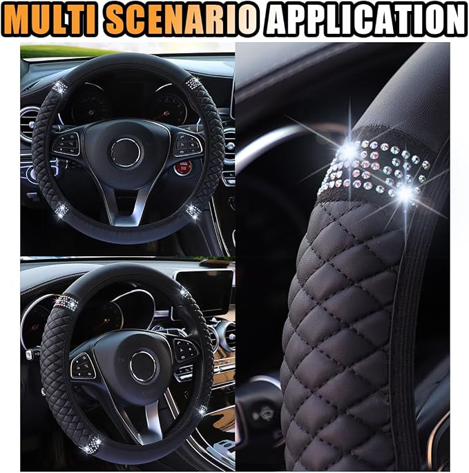 JOYCOURT 15 Inch Bling Soft Leather Car Steering Wheel Cover, Black | Colorful Rhinestones Design, Auto Elastic Protector for Women Girls, Crystal Diamond Car Accessories for Most Cars, SUVs - Image 6