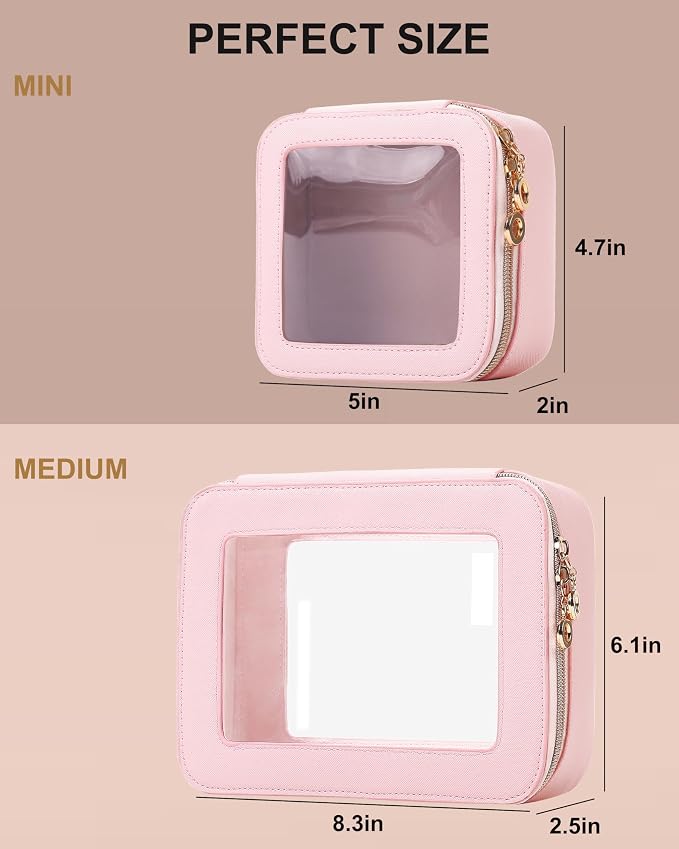 Leather Clear Makeup Bags Set - Travel Clear Cosmetic Bag Case with Zipper, Transparent TSA Approved Toiletry Bags for Travel Essentials Car Accessories for Women (Pink, S+M) - Image 6