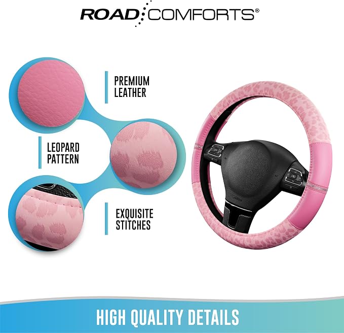Road Comforts Leopard Steering Wheel Cover for Women, Cute Anti-Slip Microfiber Leather, Universal Fit 14.5-15 Inch Round Steering Wheel - Full Pink - Image 7