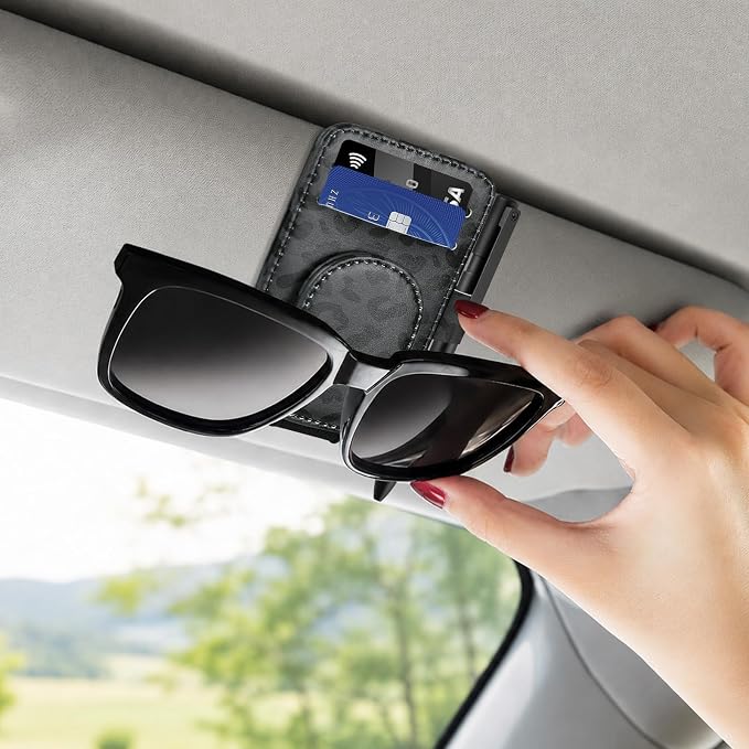 2 Pack Sunglass Holder for Car Visor Black Leopard Sunglasses Clip | Magnetic Car Sunglass Holder with 2 Card Slots & Pen Slot, Sunglass Visor Clip Car Accessories for Different Size Eyeglasses - Image 2