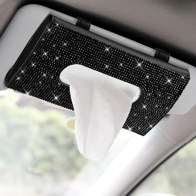 Bling Car Sun Visor Tissue Box Holder, Visor Accessories, Rhinestone PU Leather Crystal Sparkling Napkin Holder, Auto Sun Visor Paper Towel Cover Case Accessories for Most Cars (Black) by Unknown