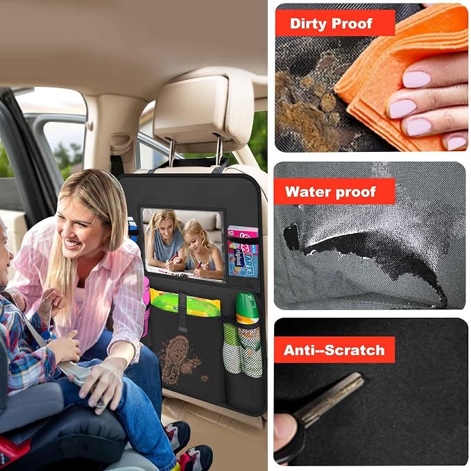 2 Pack Car Backseat Organizer with Touch Screen Tablet Holder,6 Storage Pockets Protectors Kick Mats,Car Back Seat Cover Protector Travel Accessories for Kids - Image 2