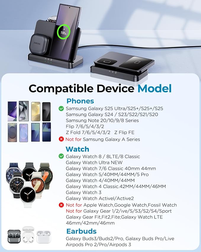 3 in 1 Wireless Charger Station for Galaxy S26 Ultra S25 S24, Foldable | Fast Charging for Z Fold Flip 7/6, Detachable Watch Charger for Galaxy Ultra 8/7/6, Compact & Portable, No Adapter, Black - Image 3