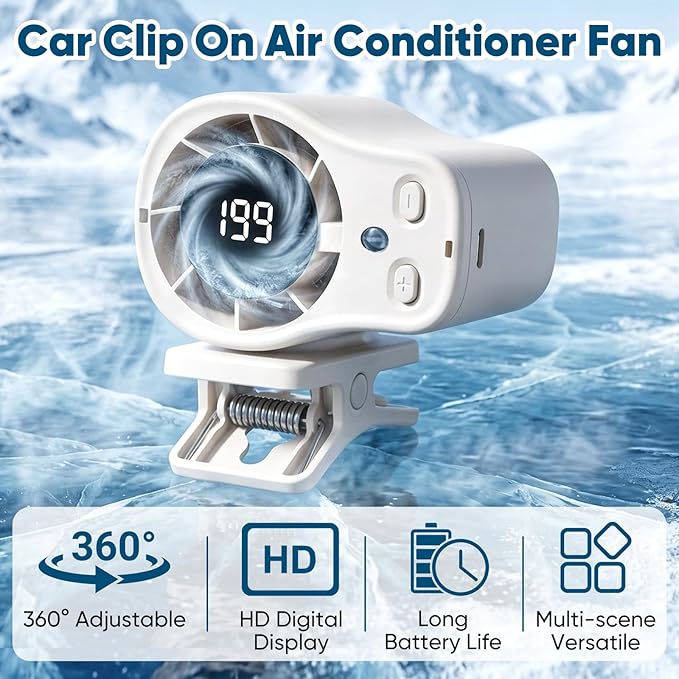 Car Clip on Air Conditioner Fan with LED Display, 360 Rotation, 199 Speeds & Semi-Cooling Technology, USB Rechargeable Personal Fan, Hands-Free Clip on Fan for Cars, Camping (Orange) - Image 3