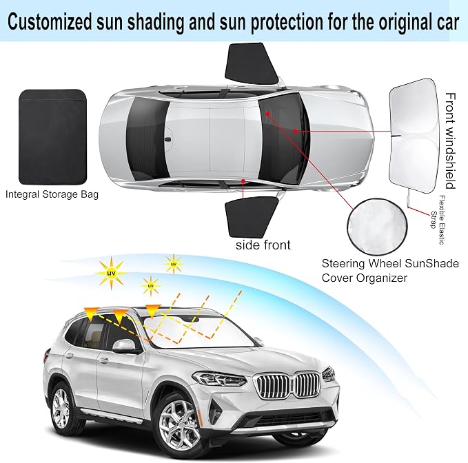 3PCS Car Window Shades Front Windshield Sun Shade Foldable Window Shade Custom Fit for 2018-2024 BMW X3 Accessories Car Shades for Front Windows Anti-UV Rays Block Heat - Image 3
