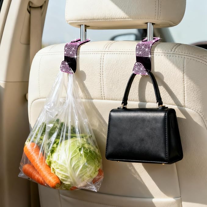 BFXM 6 Pack Car Seat Headrest Hooks,Car Accessories Bling Pink | Back Seat Purse Hanger Holder Hook, Universal Storage Organizer for Handbag Grocery Bags Coats - Image 3