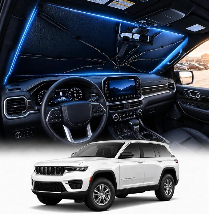 [2026 Upgraded] DooGooCoo Windshield Sun Shade Umbrella for Jeep Grand Cherokee 2011-2025 2026 [100% Sunlight Blocked, Cooling Ice Crystal] Sunshade for Car Windshield for Grand Cherokee, Custom. by DooGooCoo