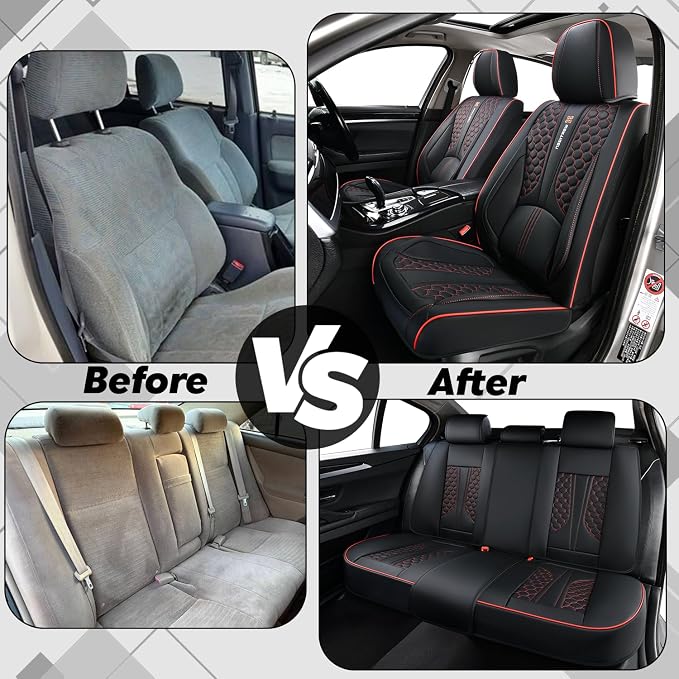 Black and Red Leather Car Seat Cover Set, with Lumbar Support | OEM-Inspired Interior Upgrade - Image 8