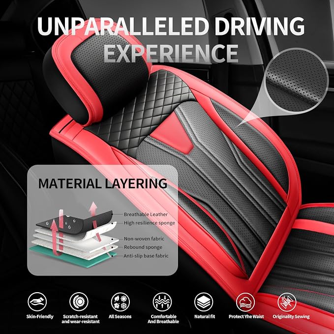 Fit Avalon Premium Leather Car Seat Covers for Toyota Avalon 2001-2021 2022 - Waterproof，Breathable，All-Weather Seat Cushion Protecto & Airbag Compatible, 2 Front Seat Red&Black - Image 2