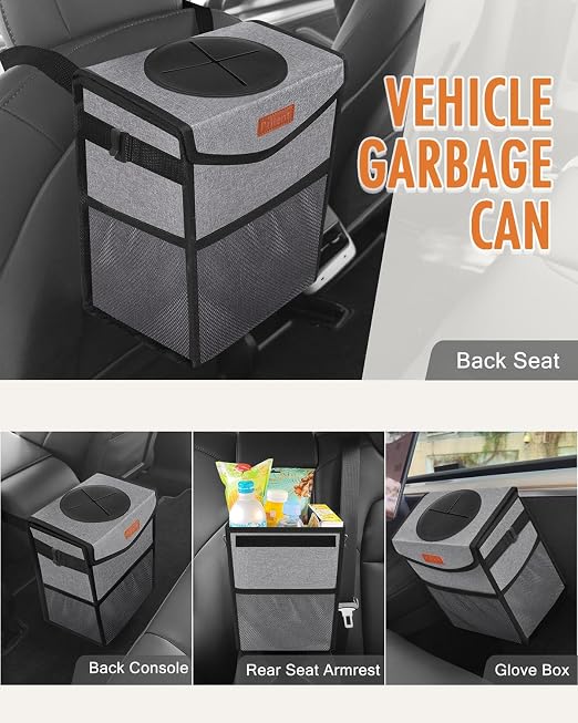 Pritent Car Trash Can with Lid Leakproof Car Garbage Bag Vehicle Trash Bin | Hanging Automotive Garbage Can,Multipurpose Car Accessories for Women Men Interior Car Storage Organizer(2.8 Gal,Grey) - Image 6