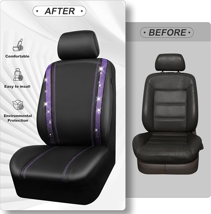 CAR PASS Leather Diamond Bling Car Seat Cover 2 Front Interior Sets, Waterproof Universal Shining Glitter Crystal Sparkle Fit for 95% Automotive Truck SUV Cute Women Girl, Black Purple Rhinestone - Image 5