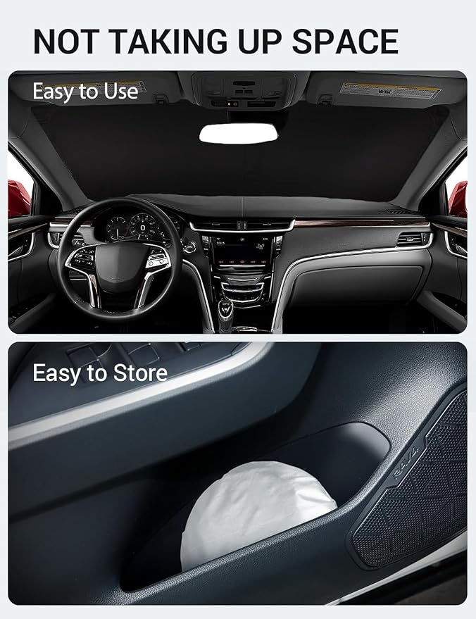 Proadsy Custom Fit 2013-2019 Cadillac XTS Windshield Sun Shade, Blocks Heat | 240T Heat Shield, Drops Temp 54°F, Blocks 99% UV, Prevents Dashboard Cracking, Summer Parking & Beach Trips, Easy Twist-Fold - Image 9